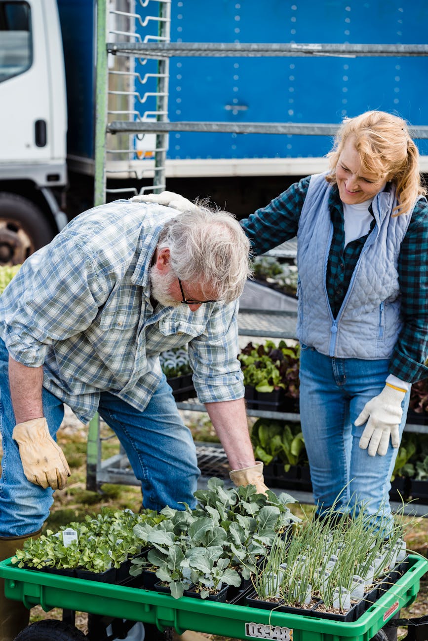 elderly couple taking care of their plants
