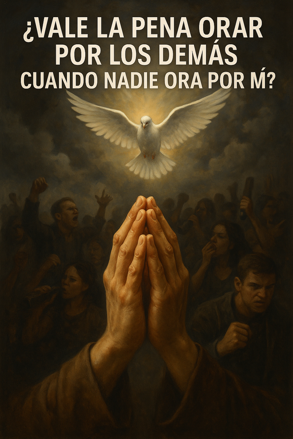 Manos en posición de oración al frente de una multitud oscura que representa el pecado y el caos, mientras una paloma blanca desciende del cielo iluminada por una luz divina, simbolizando la presencia del Espíritu Santo. El texto en la parte superior pregunta: “¿Vale la pena orar por los demás cuando nadie ora por mí?”.