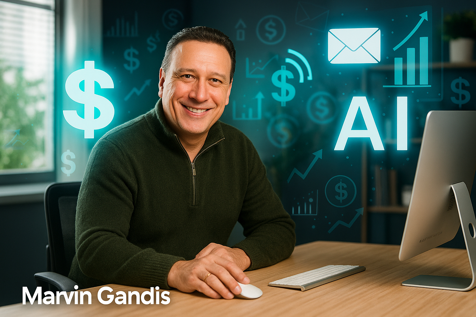 Marvin Gandis sitting confidently at a modern desk, smiling while working on a computer surrounded by digital icons representing AI, email, and dollar signs — symbolizing online business success and automation.