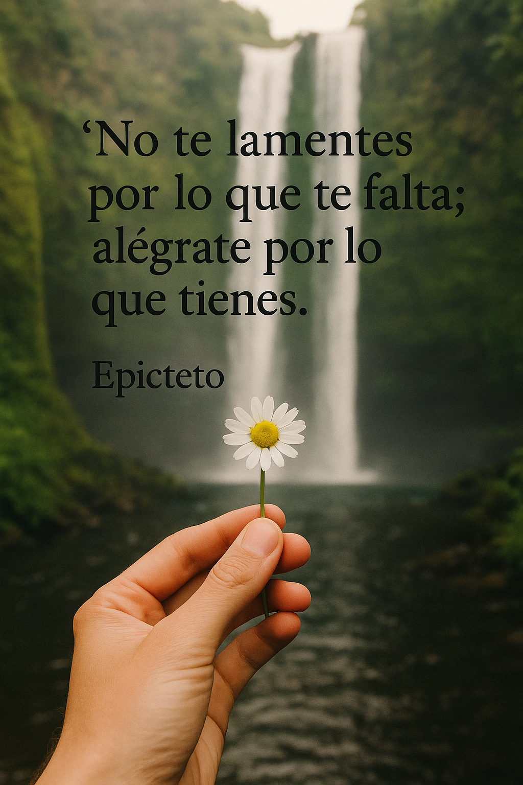Mano sosteniendo una margarita blanca frente a una cascada rodeada de vegetación, con la cita “No te lamentes por lo que te falta; alégrate por lo que tienes.” de Epicteto superpuesta en la parte superior izquierda.