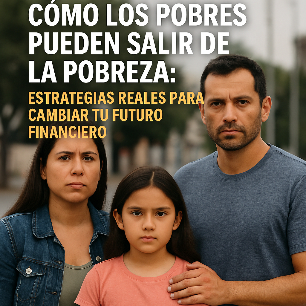 Familia hispana de tres personas con expresión seria y decidida, de pie en una calle urbana, representando el esfuerzo por superar la pobreza. Texto superpuesto con el título del artículo.