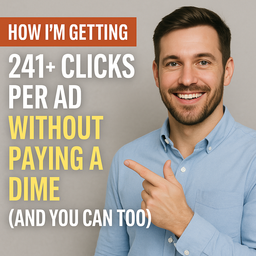 Smiling man pointing at bold text promoting free advertising results with 241+ clicks per ad