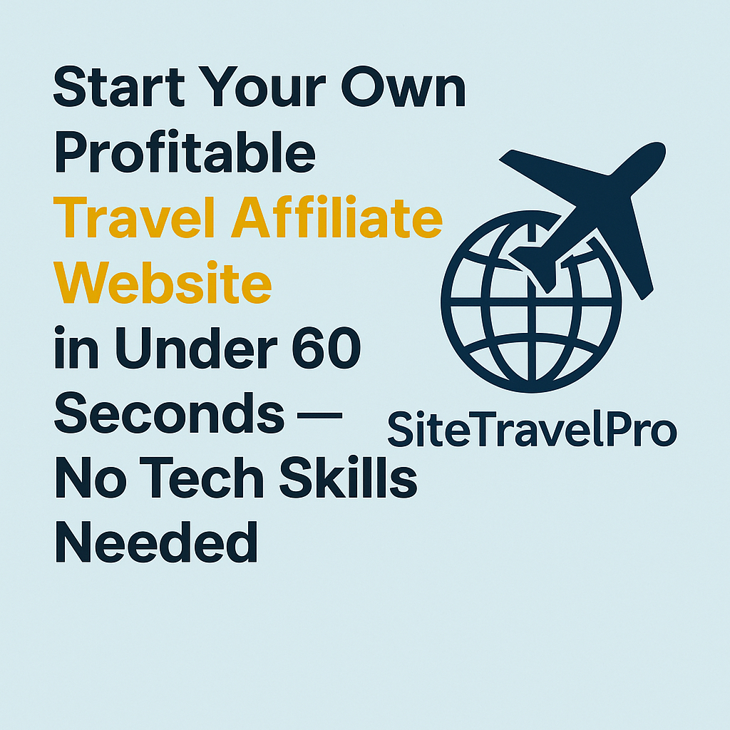 Illustrated graphic with the headline “Start Your Own Profitable Travel Affiliate Website in Under 60 Seconds — No Tech Skills Needed” alongside a globe and airplane icon, promoting SiteTravelPro.