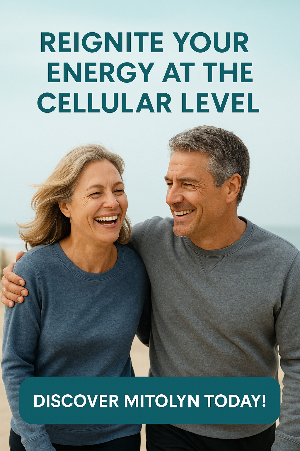 Happy middle-aged couple smiling and walking on the beach, representing renewed vitality and energy from using a mitochondrial support supplement.