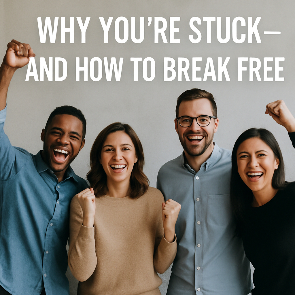 Group of diverse, smiling people raising their fists in celebration with the text “Why You’re Stuck—And How to Break Free” above them.