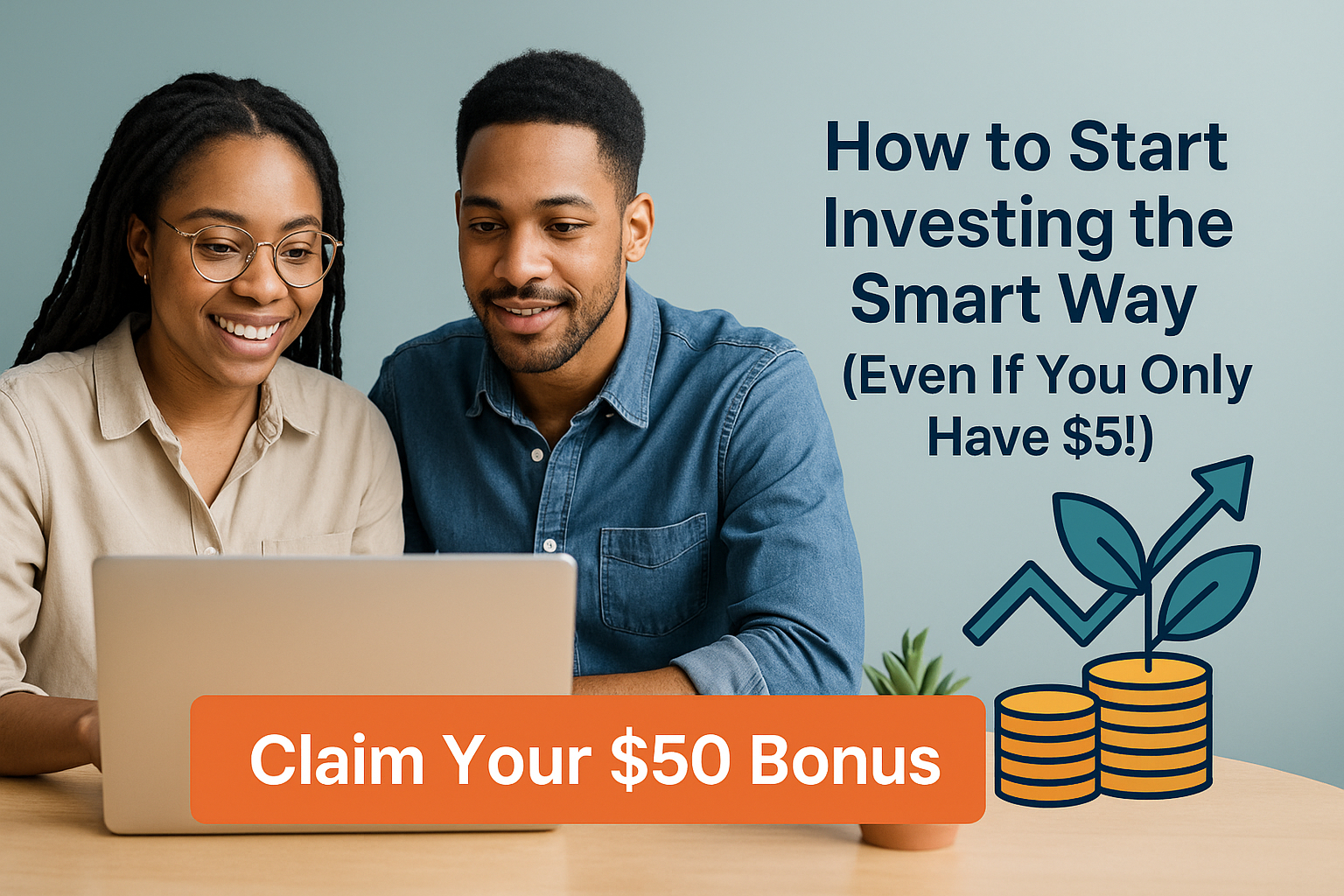 A smiling couple sits at a table looking at a laptop screen, symbolizing beginner-friendly investing, with a bold CTA reading "Claim Your $50 Bonus" and a money growth icon beside them.