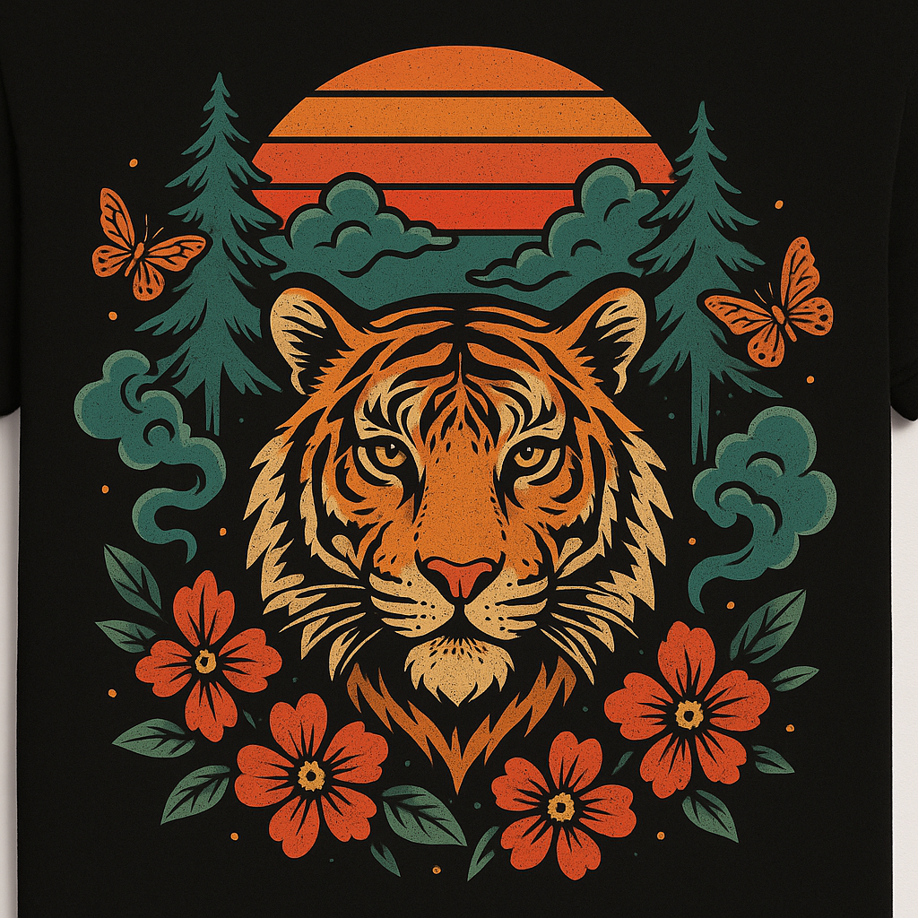 Vintage-style black T-shirt featuring a bold tiger face surrounded by trees, flowers, clouds, and butterflies in orange, teal, and red tones.