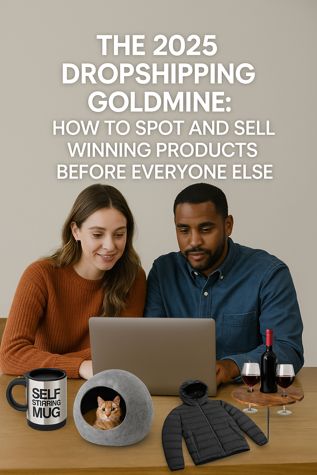 A man and woman reviewing product data on a laptop, surrounded by trending dropshipping products including a self-stirring mug, cat cave bed, black puffer jacket, and portable wine table, with the article title above them.