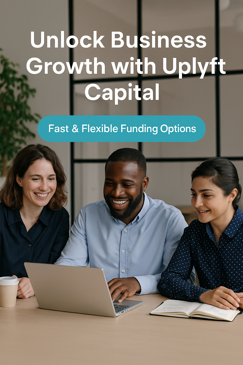 A diverse group of professionals smiling while working together on a laptop, symbolizing successful entrepreneurs supported by Uplyft Capital funding.