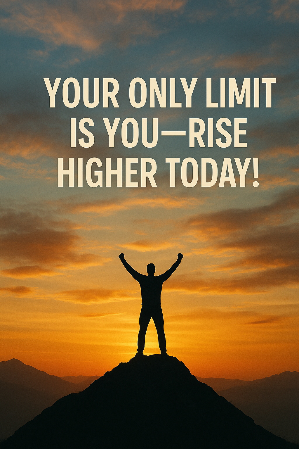 Motivational poster of a person standing on a mountain peak at sunrise with the quote "Your only limit is you—rise higher today!"