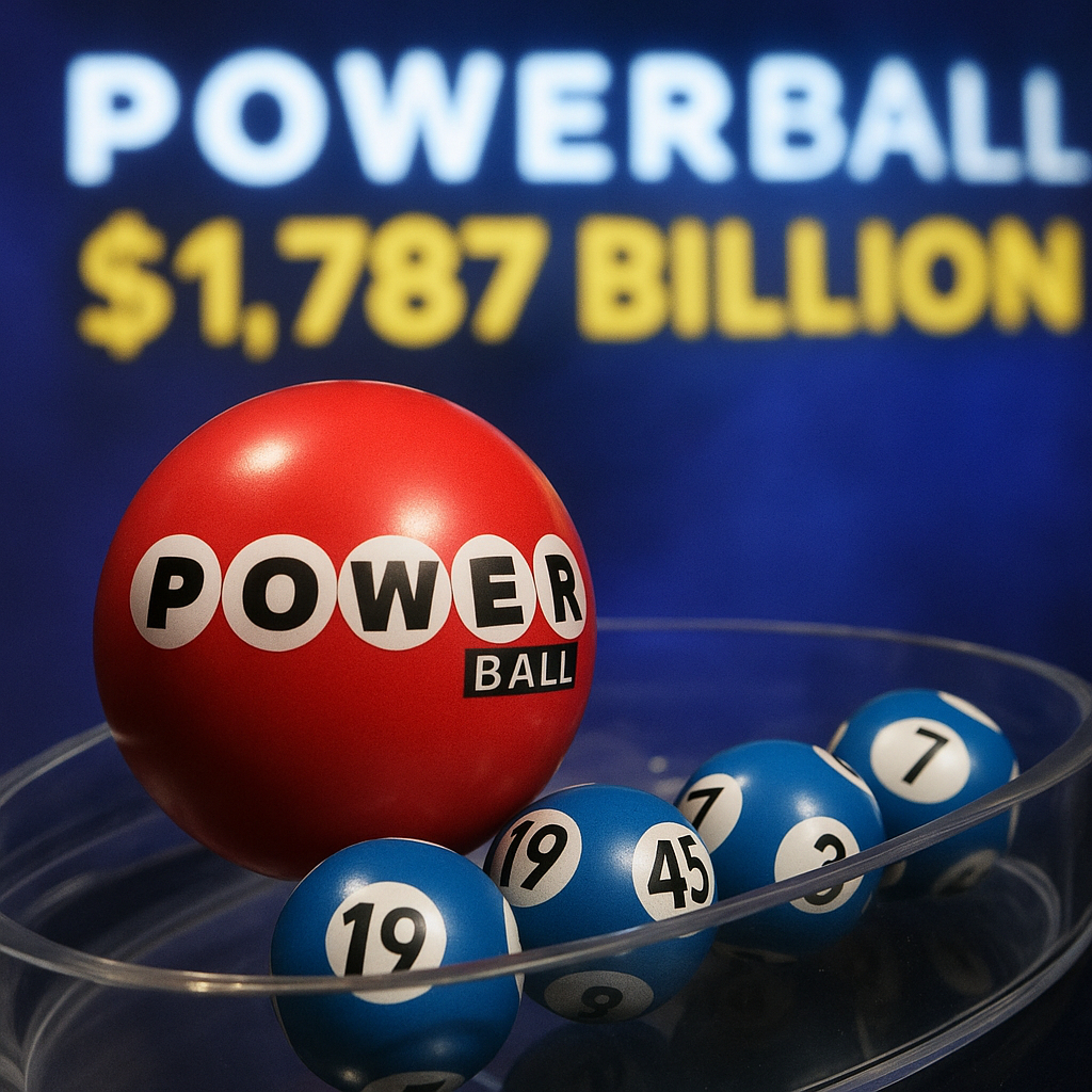 Imagen de una bola roja de Powerball junto a bolas azules con números, con un fondo que anuncia un premio de $1.787 billones.