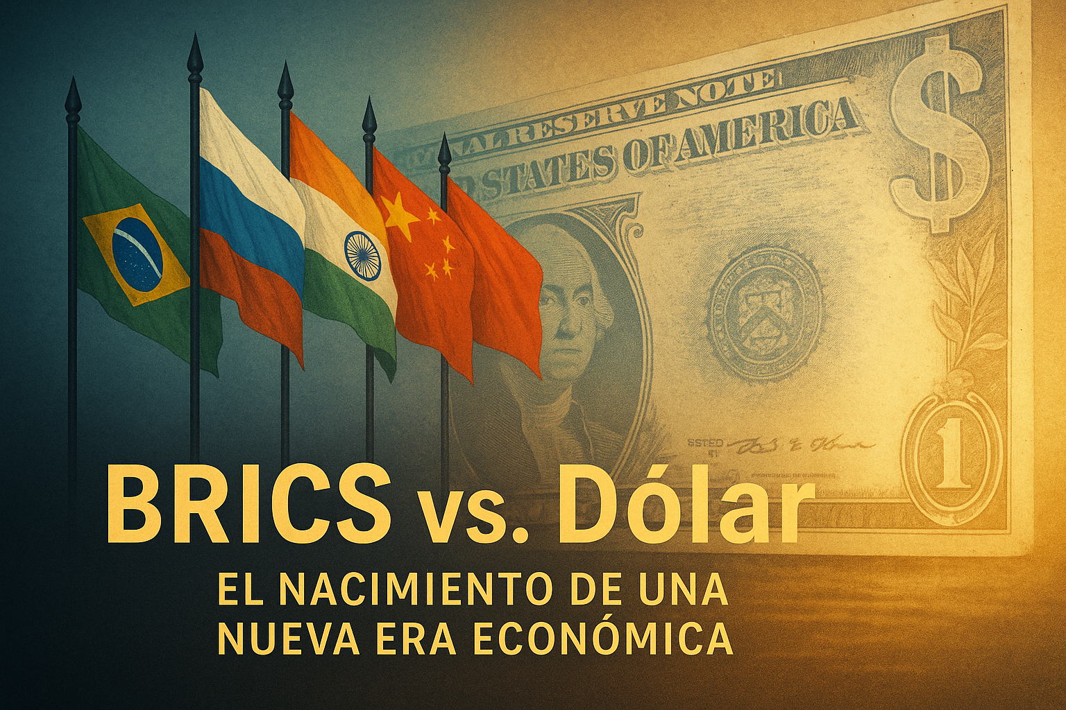 Banderas de los países BRICS frente a un dólar gigante que se desvanece, simbolizando el cambio en el poder económico mundial.