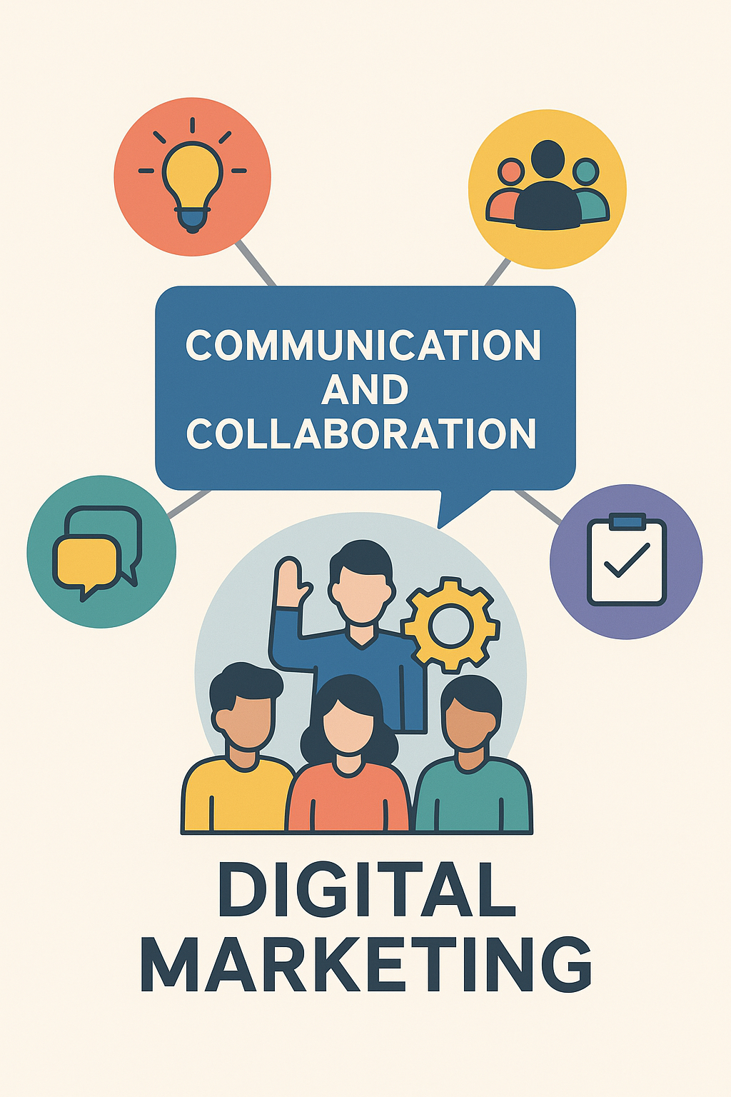 Illustration showing teamwork and collaboration in digital marketing, with a group of marketers surrounded by icons representing ideas, conversation, progress, and organization, centered under a speech bubble labeled “Communication and Collaboration.”