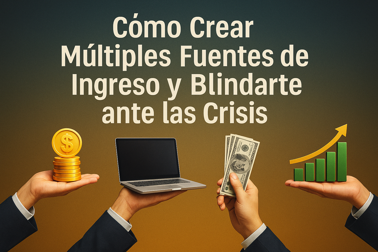 Varias manos sosteniendo símbolos financieros como monedas, laptop, billetes y gráficos ascendentes, representando la diversificación de ingresos.