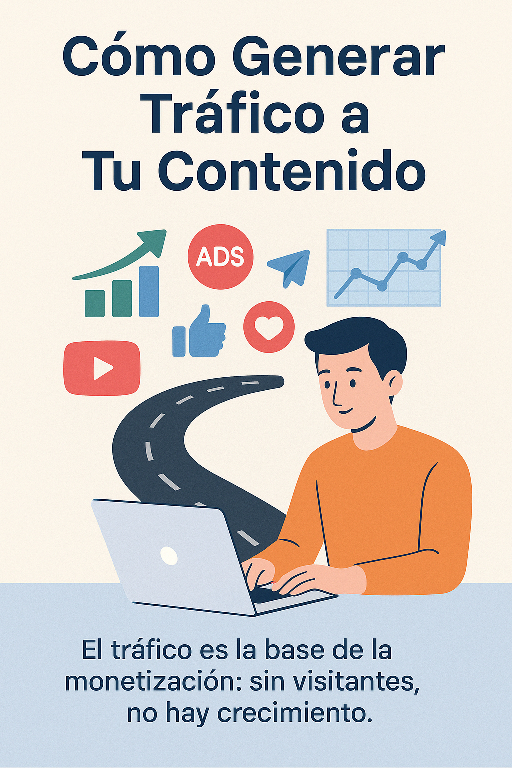 Emprendedor digital usando su laptop mientras una carretera simbólica conecta íconos de redes sociales, anuncios y gráficos ascendentes que representan el crecimiento del tráfico online.