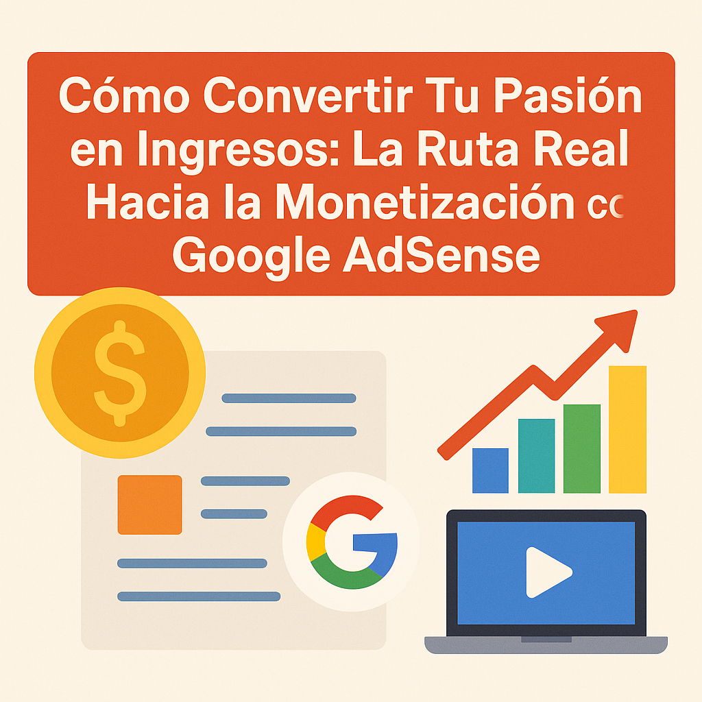 Gráfico digital moderno con íconos de dinero, laptop, gráfico de crecimiento y logotipo de Google, representando la monetización de artículos mediante Google AdSense.