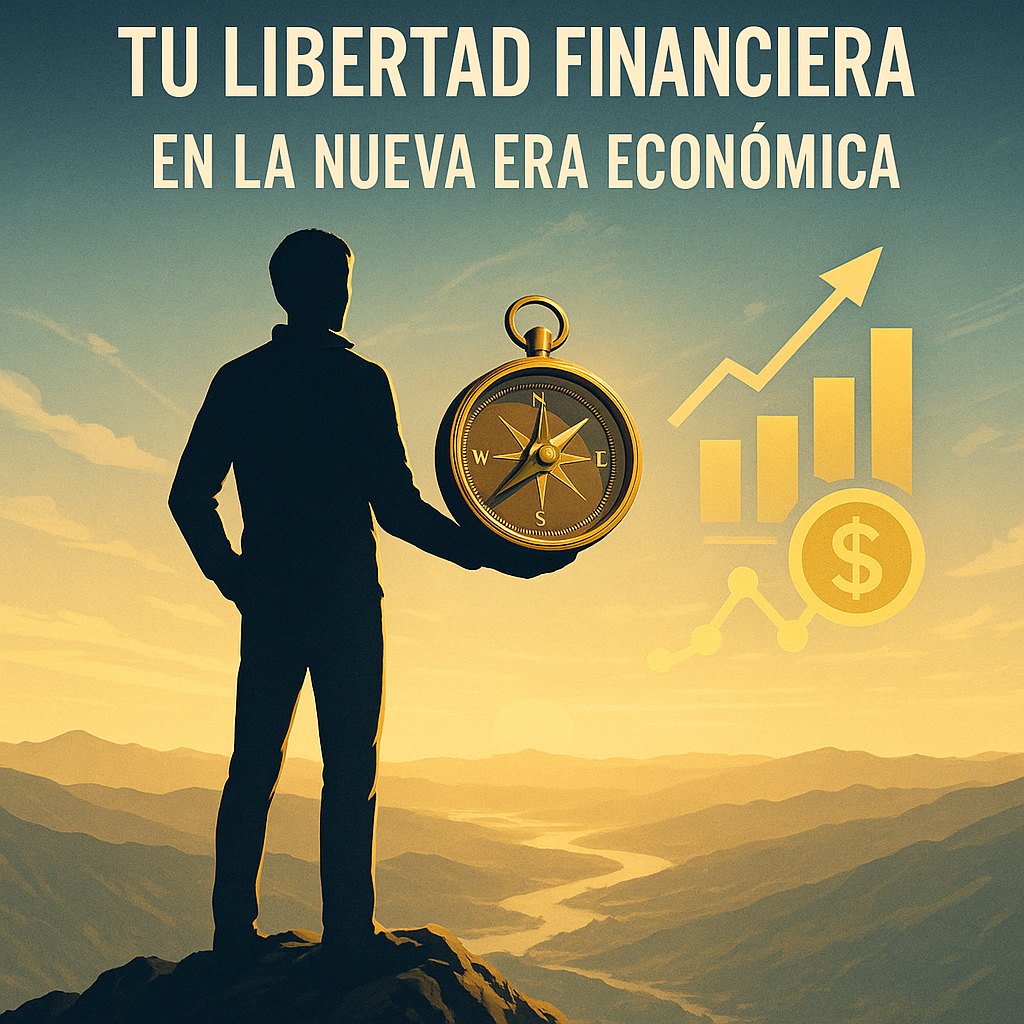 Una persona en la cima de una montaña sosteniendo una brújula dorada con gráficos financieros flotando a su alrededor, simbolizando visión y control financiero.