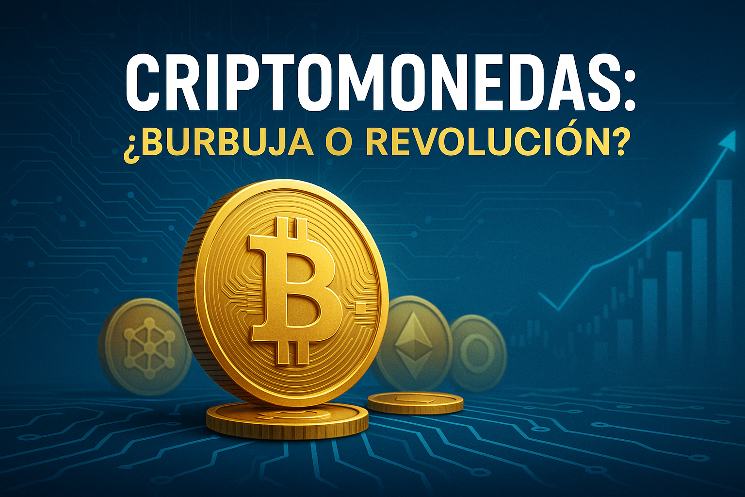 Monedas digitales brillando sobre un fondo tecnológico azul con circuitos y gráficos ascendentes, simbolizando el futuro del dinero.