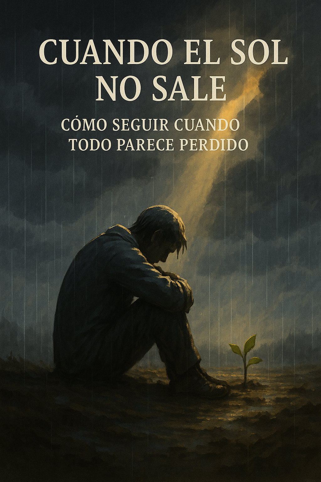 Persona sentada bajo la lluvia mirando una pequeña planta iluminada por un rayo de luz dorado que atraviesa las nubes, simbolizando esperanza, fe y fortaleza interior en medio de la adversidad.