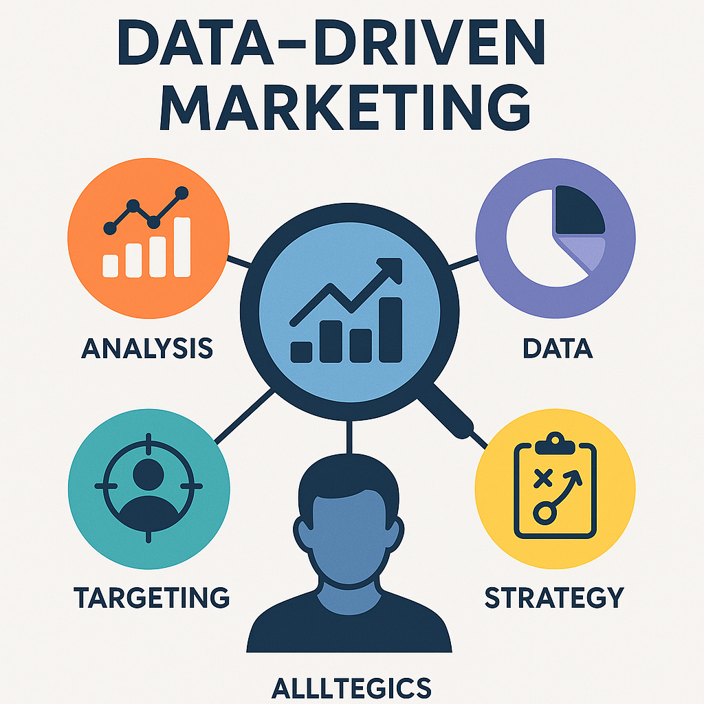 Infographic illustrating data-driven marketing with icons for data, analysis, targeting, and strategy connected to a central magnifying glass featuring an upward graph, symbolizing marketing growth through analytics.