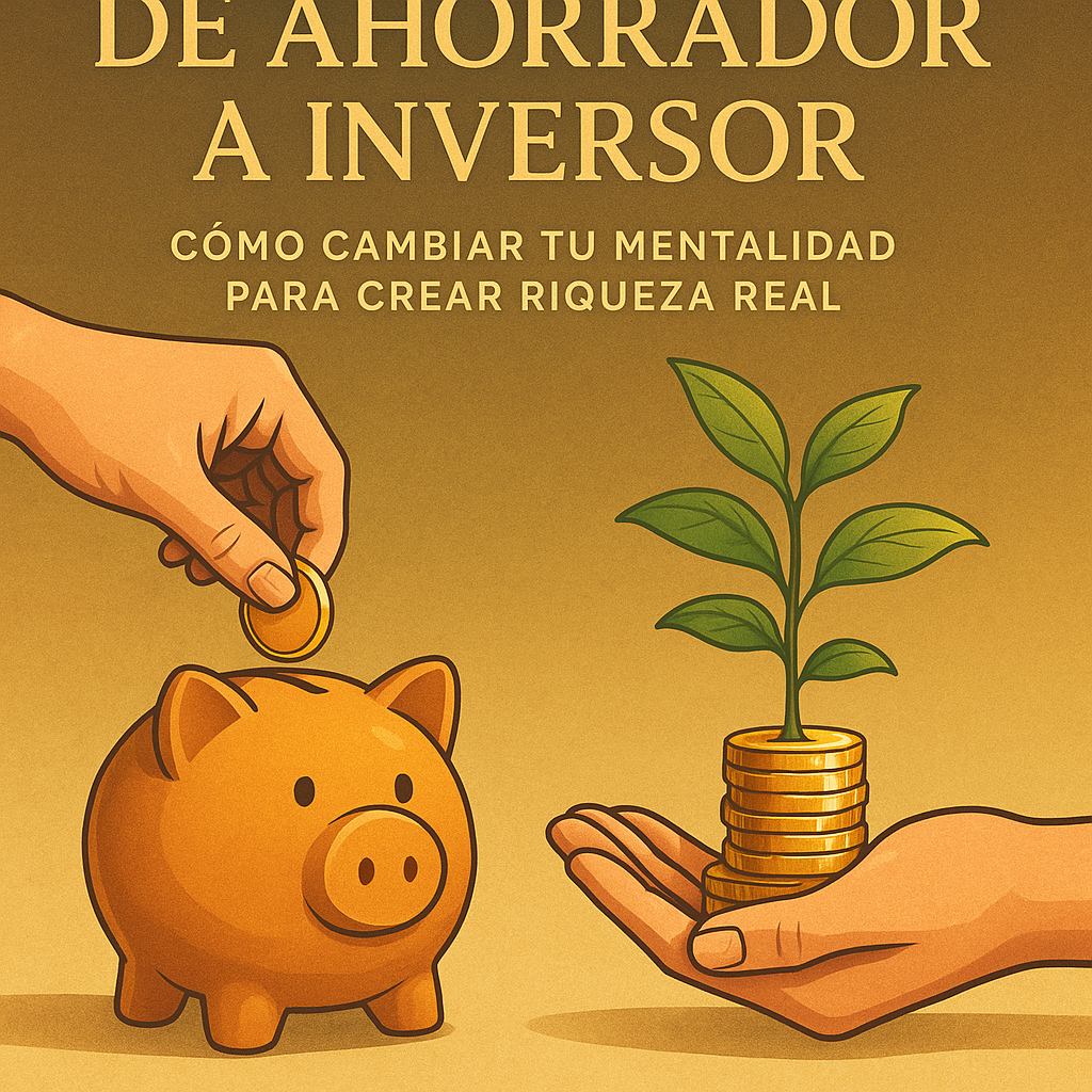 Una persona dejando una alcancía tradicional mientras toma una planta que crece desde monedas doradas, simbolizando la inversión.