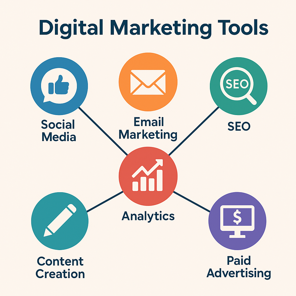 Infographic illustrating six core categories of digital marketing tools, including social media, email marketing, SEO, analytics, content creation, and paid advertising, each represented by colorful circular icons connected by lines.