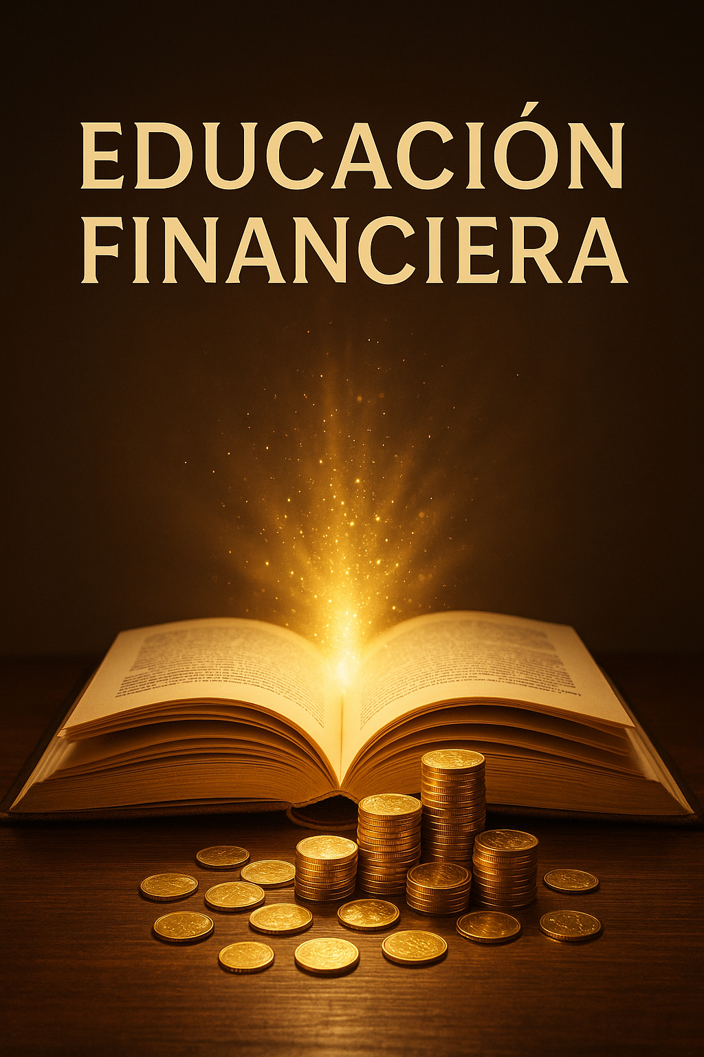 Un libro abierto de donde emergen monedas doradas y una luz brillante, simbolizando el conocimiento financiero como fuente de libertad.