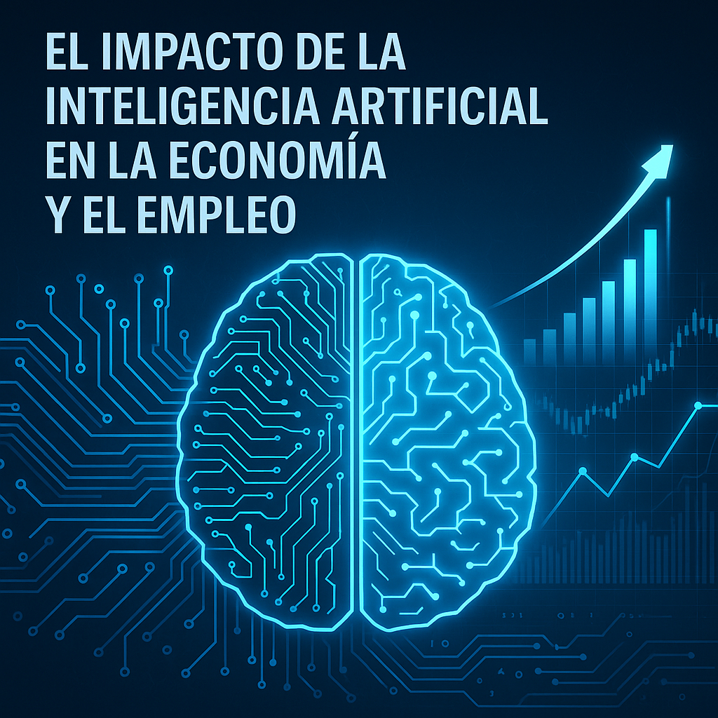 Un cerebro digital iluminado conectado a circuitos y gráficos financieros, simbolizando la fusión entre mente humana, tecnología y economía.