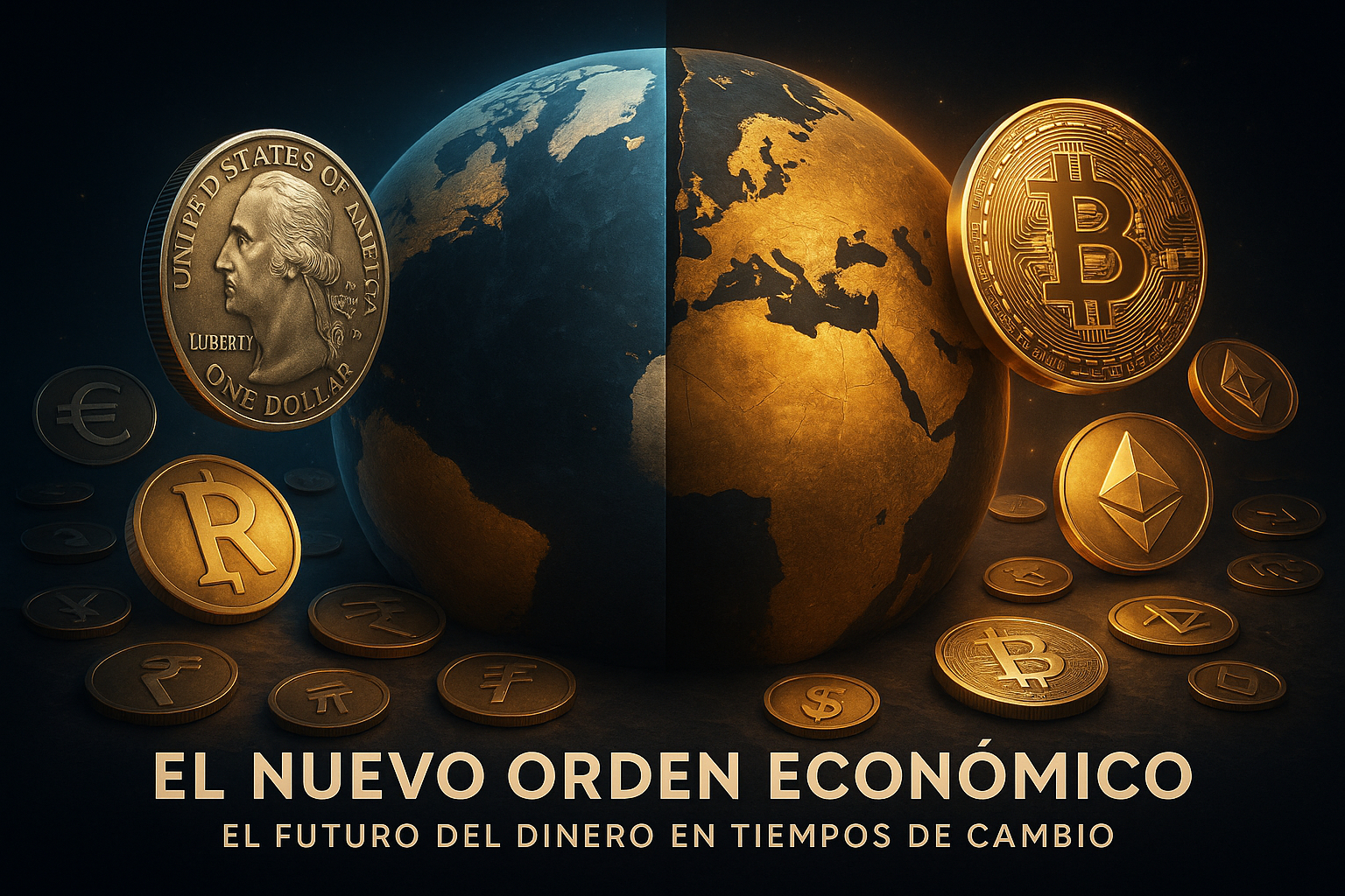 Un planeta dividido entre monedas tradicionales y criptomonedas brillando, simbolizando el cambio económico global.