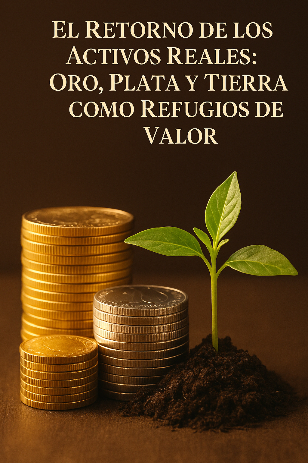 Monedas de oro y plata apiladas junto a una planta que crece desde la tierra, simbolizando la estabilidad y la prosperidad tangible.