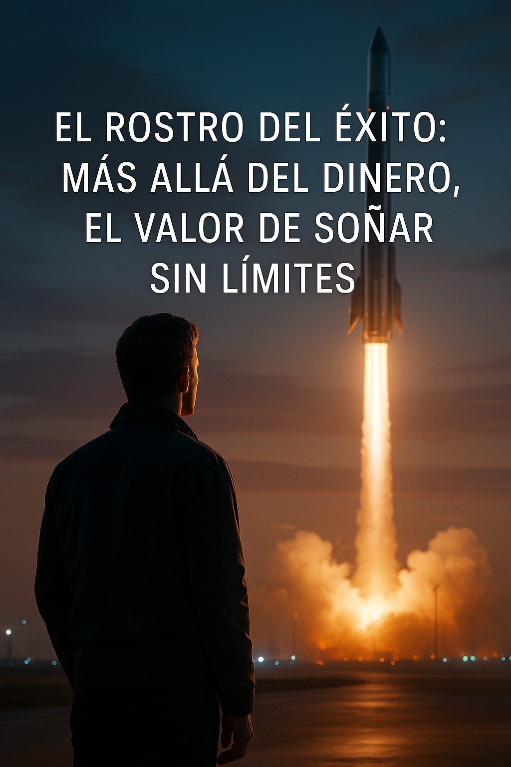 Hombre observando el despegue de un cohete al amanecer, simbolizando la superación personal, la visión y el poder de los sueños sin límites.