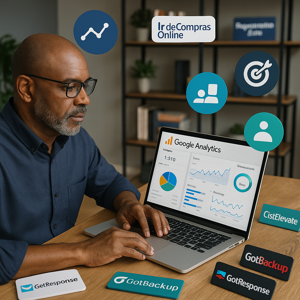 Photograph of a marketer analyzing Google Analytics data on a laptop, surrounded by floating icons for traffic, conversions, and user insights in a bright workspace.