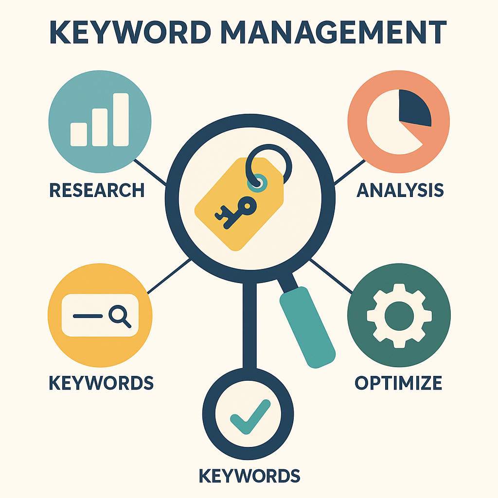 Infographic illustrating the process of keyword management with a central magnifying glass connected to four icons labeled Research, Analysis, Keywords, and Optimize.