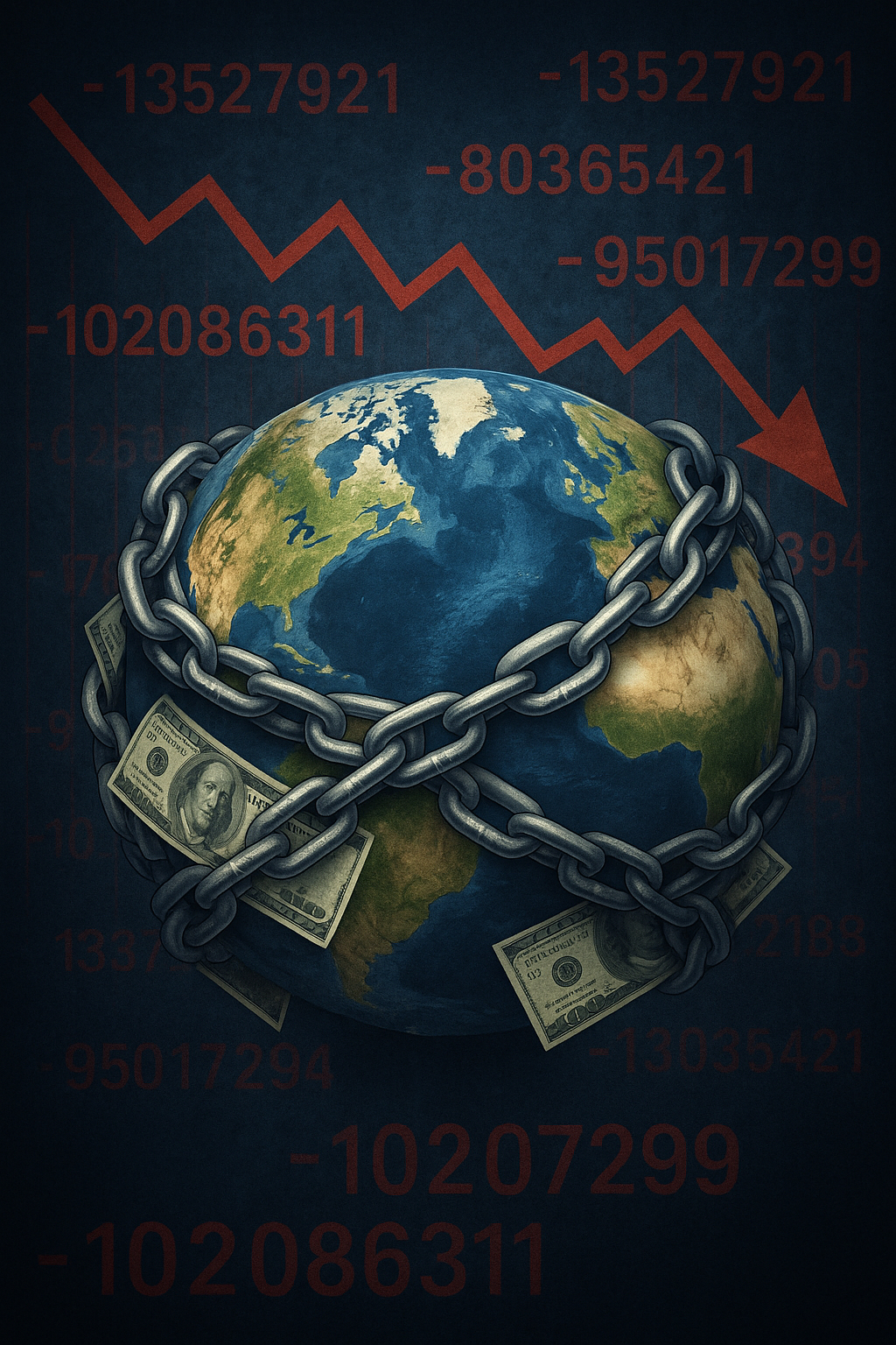 Un planeta Tierra envuelto en cadenas de billetes y cifras rojas, simbolizando el peso de la deuda mundial sobre las naciones.