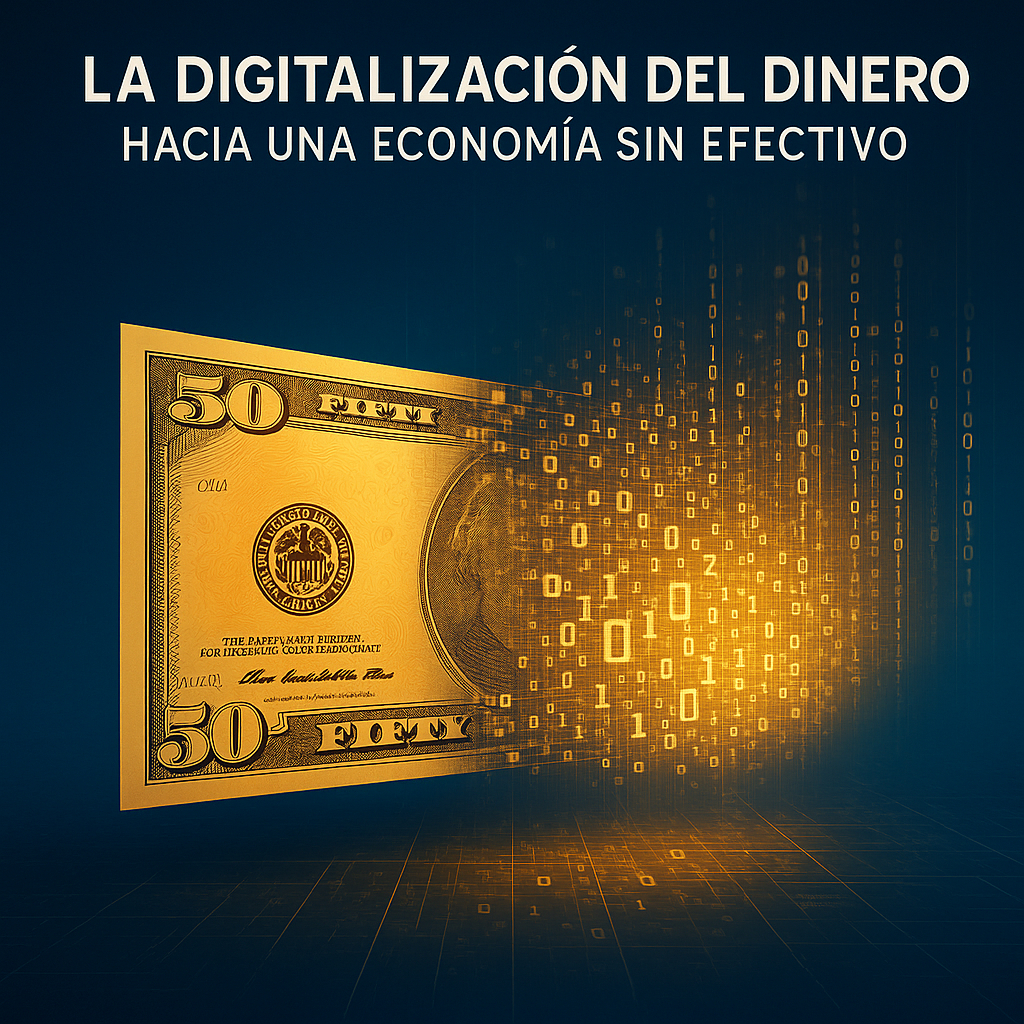 Un billete que se transforma en código digital brillante sobre un fondo azul futurista, representando la transición del dinero físico al virtual.