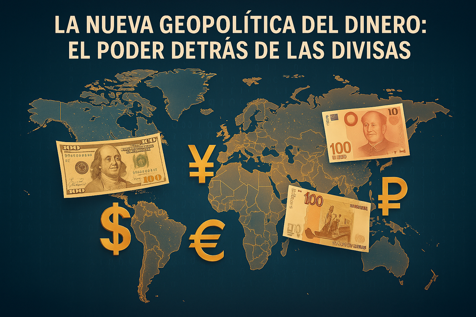 Mapamundi con billetes y símbolos de divisas flotando (dólar, yuan, euro, rublo), representando la lucha global por el control económico.