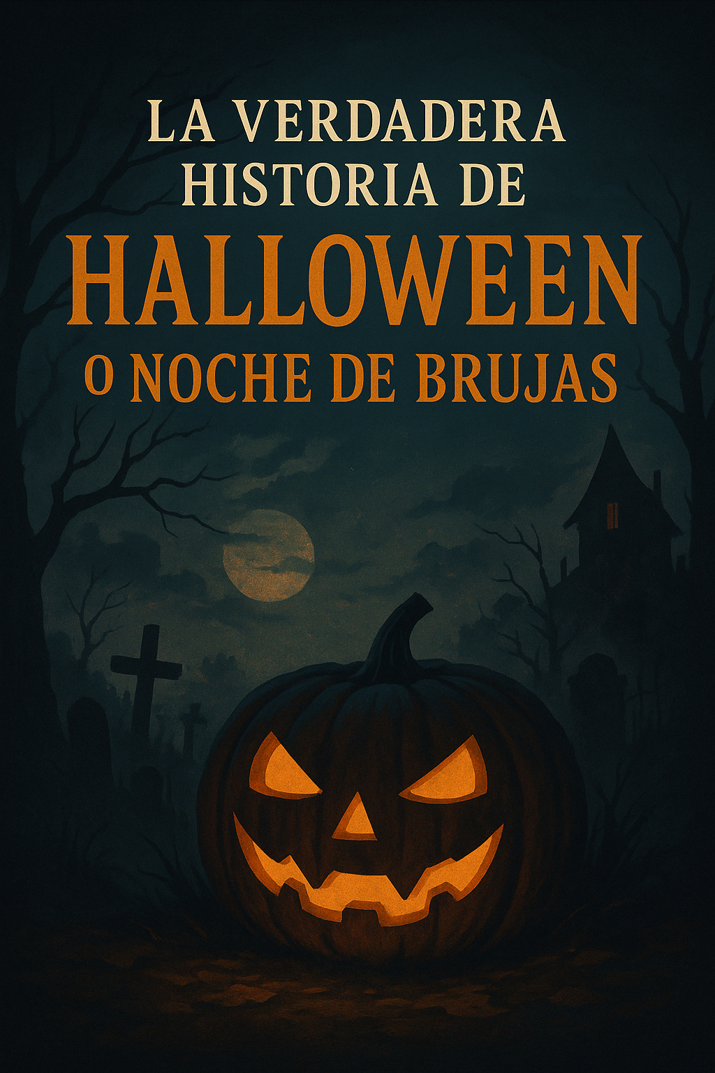 Portada de un artículo titulado “La Verdadera Historia de Halloween o Noche de Brujas”, con una calabaza iluminada en primer plano, un cementerio sombrío al fondo y la luna llena brillando entre nubes oscuras.