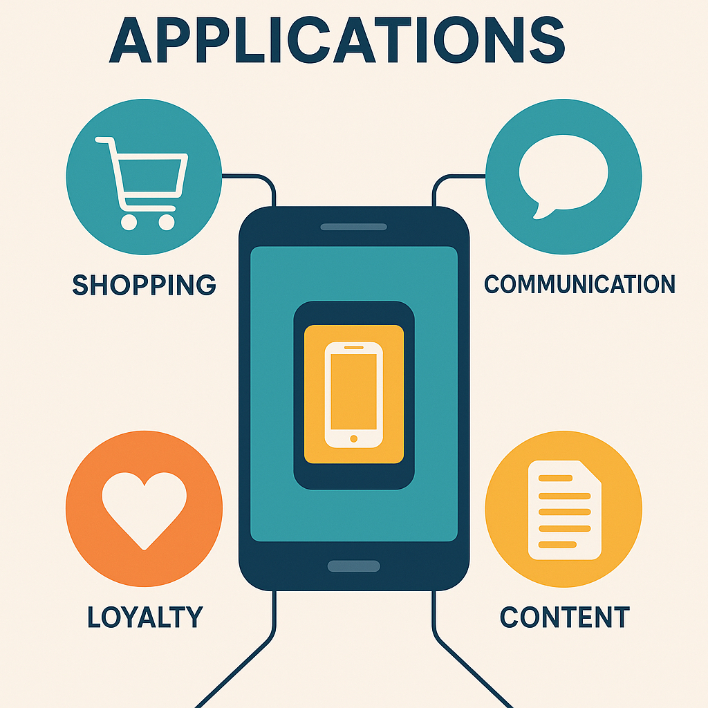 Infographic showing a smartphone surrounded by four icons labeled Shopping, Communication, Loyalty, and Content, representing the main purposes of mobile applications in digital marketing.