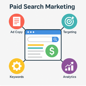 Infographic showing a search engine result page with icons labeled Ad Copy, Targeting, Keywords, and Analytics, connected by lines to represent the core elements of paid search marketing.