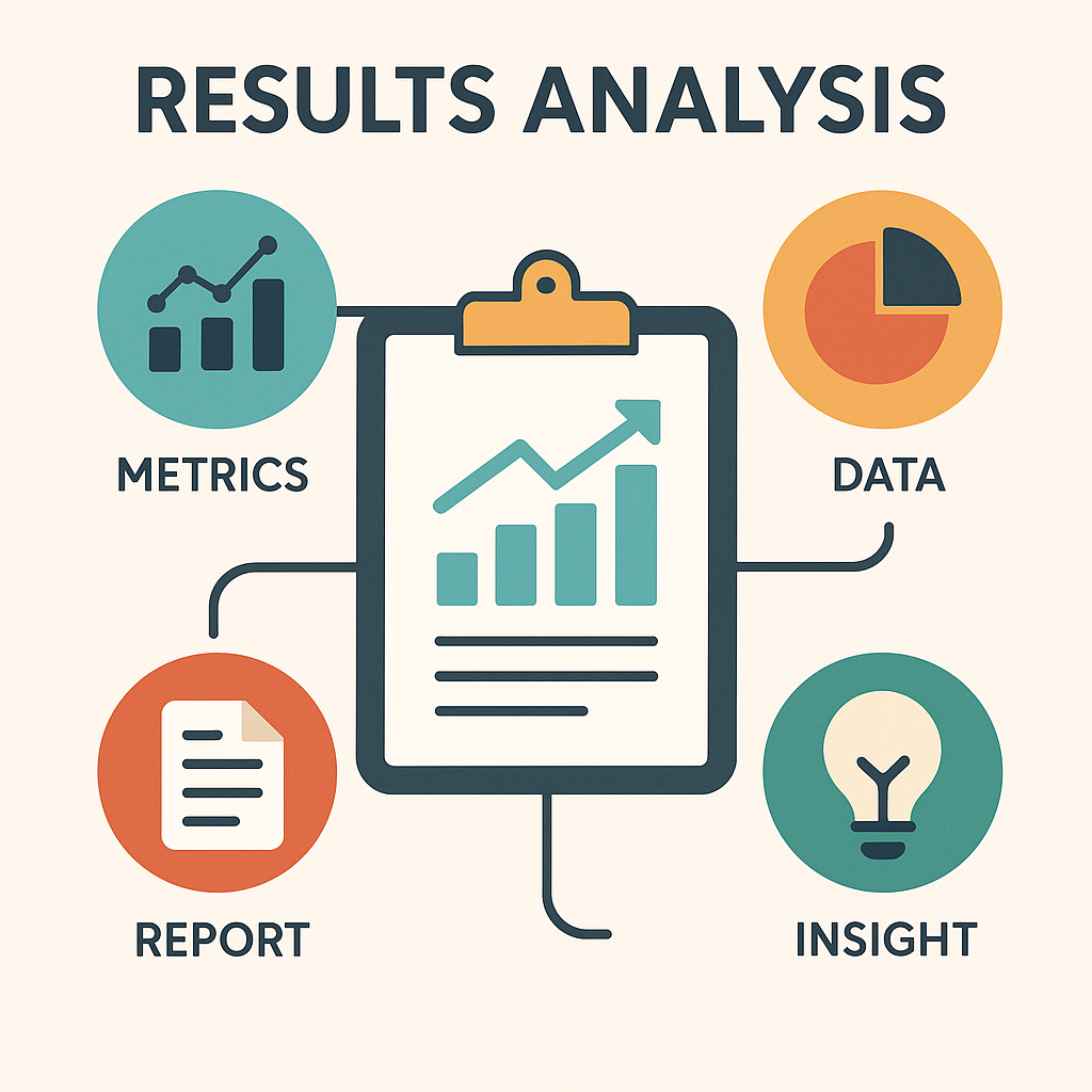 Infographic illustrating results analysis with a central clipboard showing a rising bar graph, connected to icons labeled Metrics, Data, Report, and Insight, representing the main components of performance evaluation.