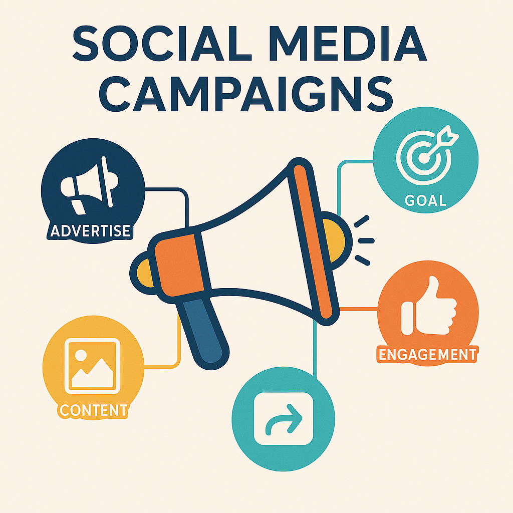 Infographic showing a megaphone surrounded by four colorful icons labeled Goal, Content, Advertise, and Engagement, representing the key elements of an effective social media campaign.