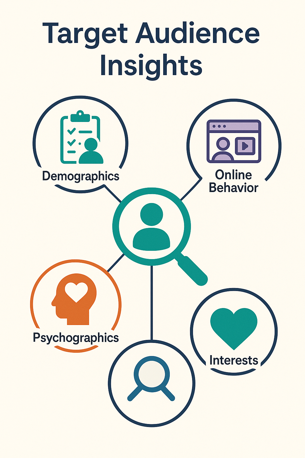 Infographic illustrating target audience insights with icons representing demographics, psychographics, online behavior, and interests, all connected to a central figure under a magnifying glass.