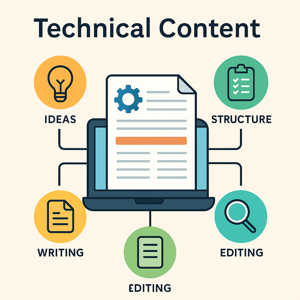 Infographic showing a laptop with a document on screen, surrounded by four icons labeled Ideas, Structure, Writing, and Editing, representing the core elements of technical content creation.