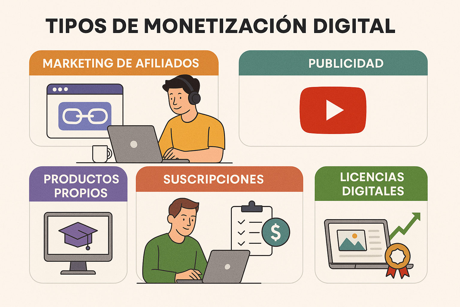 Diferentes tipos de monetización digital representados con íconos y emprendedores trabajando online.