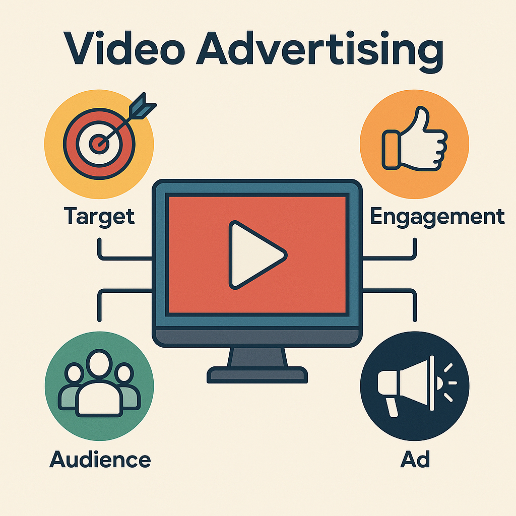 Infographic illustrating video advertising with a central play button on a monitor, surrounded by icons labeled Target, Engagement, Audience, and Ad, representing key components of video marketing.
