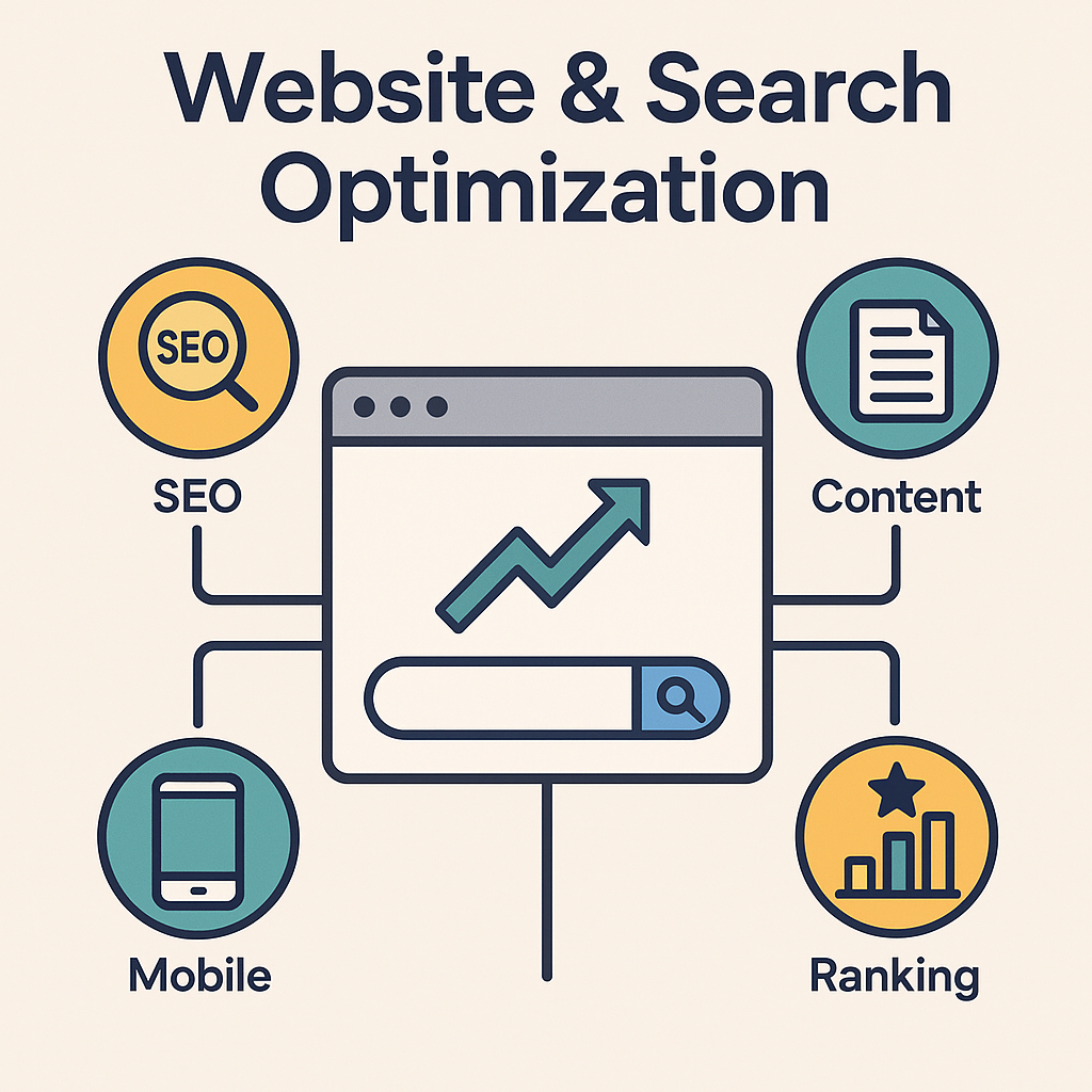 Infographic illustrating website and search optimization with a central browser window displaying an upward arrow and search bar, surrounded by icons representing SEO, content, mobile, and ranking.