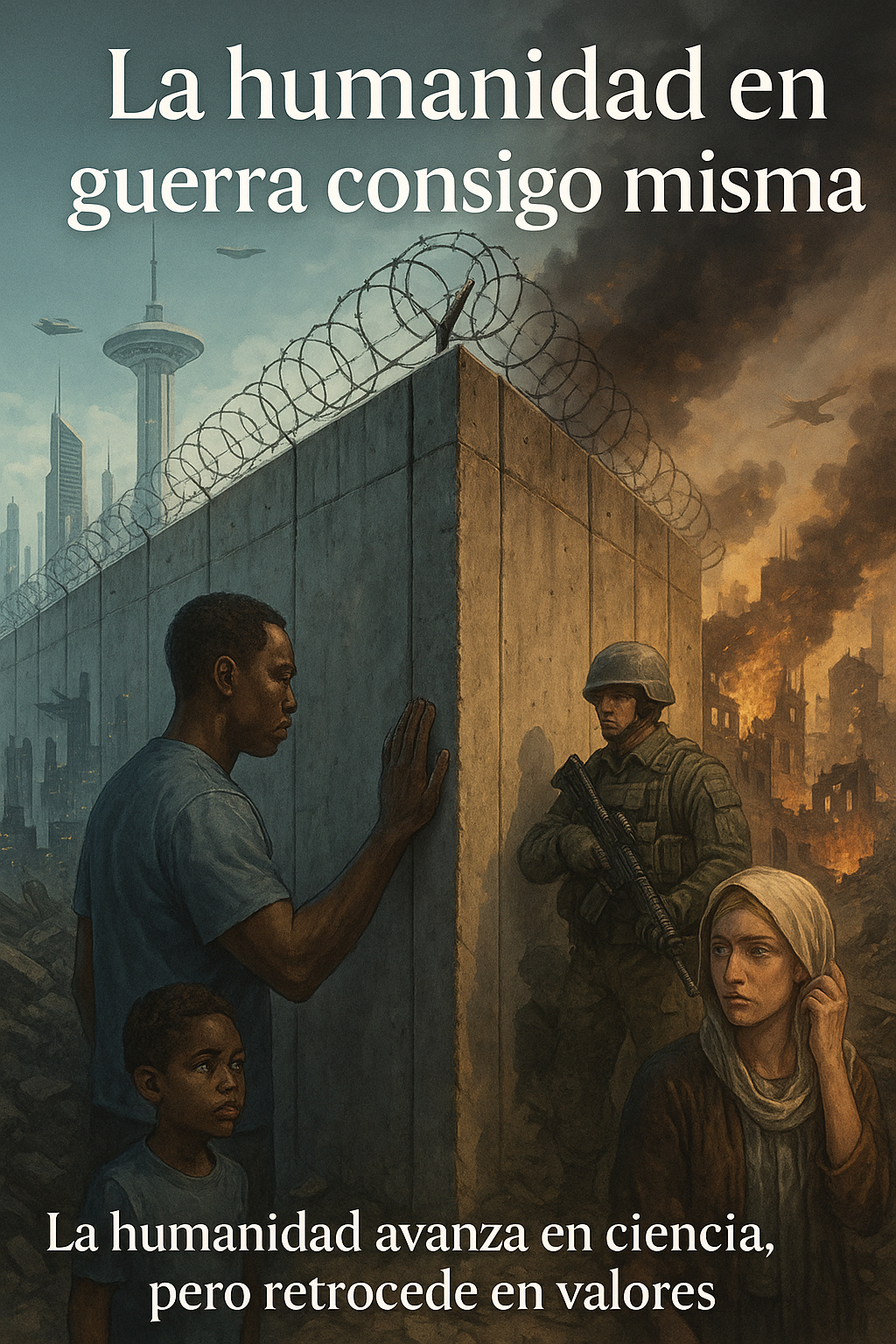 Imagen conceptual que representa a la humanidad dividida por fronteras, muros e ideologías, con un contraste entre tecnología avanzada y destrucción humana.