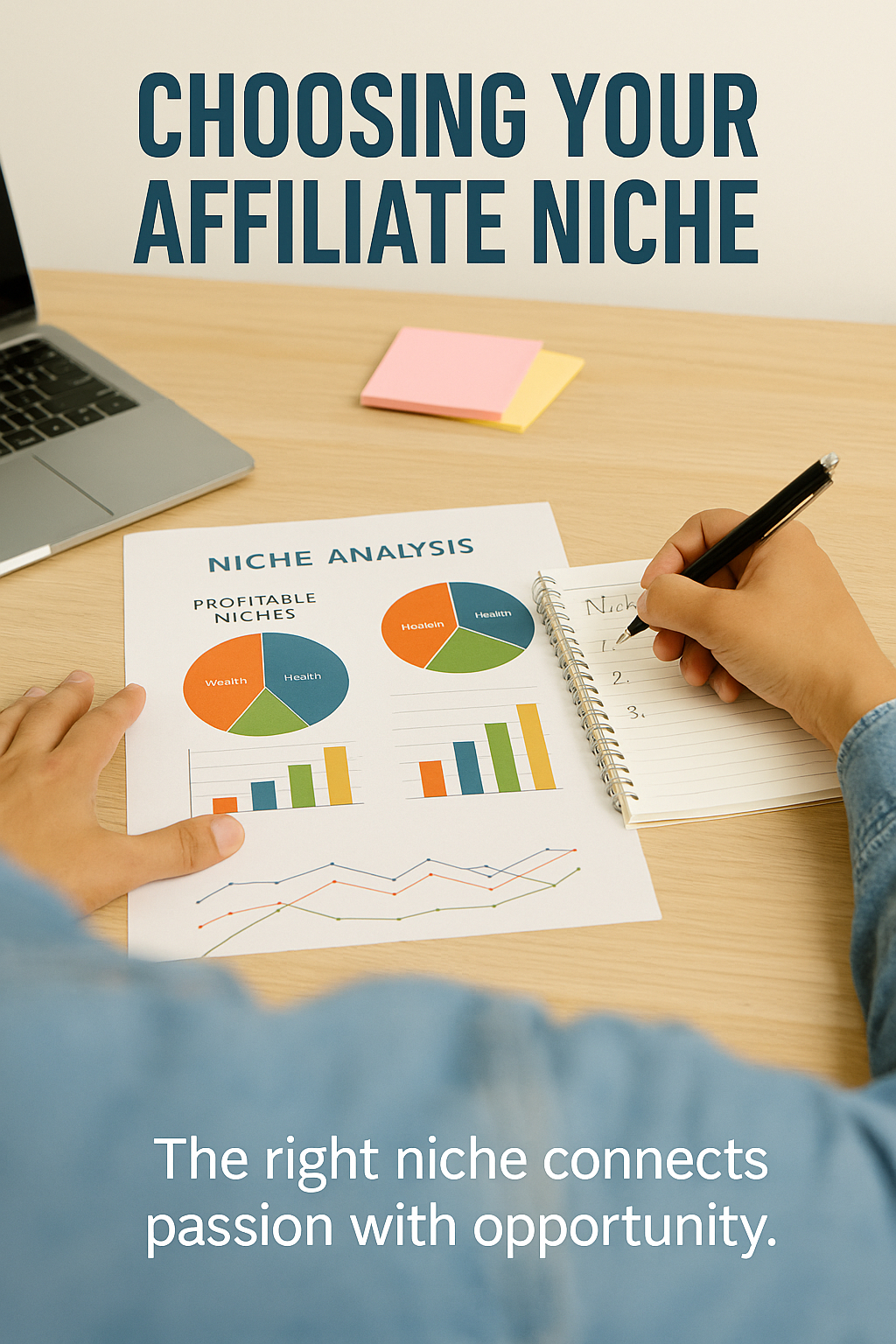 Person analyzing charts and writing notes on profitable affiliate niches.