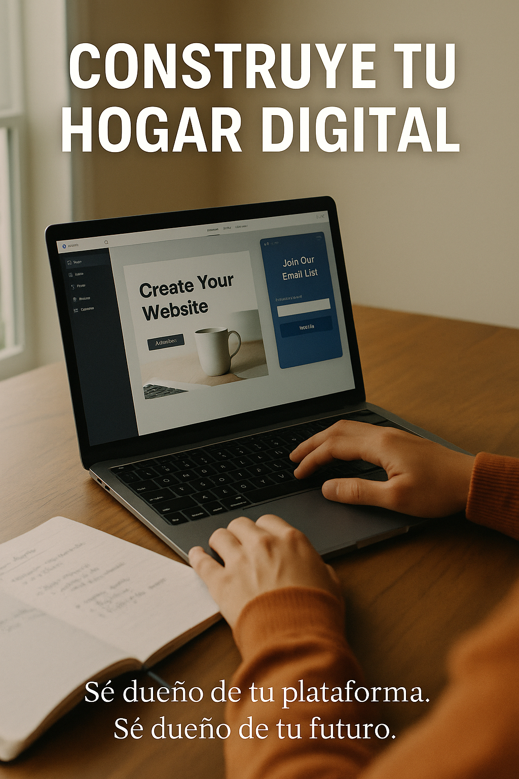 Persona creando un sitio web y una lista de correos en su laptop, simbolizando independencia digital.