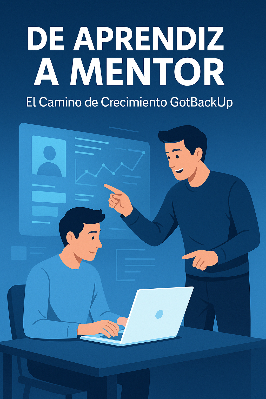 Mentor guiando a un aprendiz frente a una pantalla digital, simbolizando crecimiento, liderazgo y colaboración.